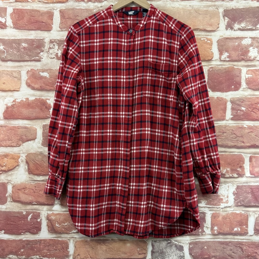 Lands End Tunic Top Women's Medium Red Plaid Flannel Pocketed Casual Shirt